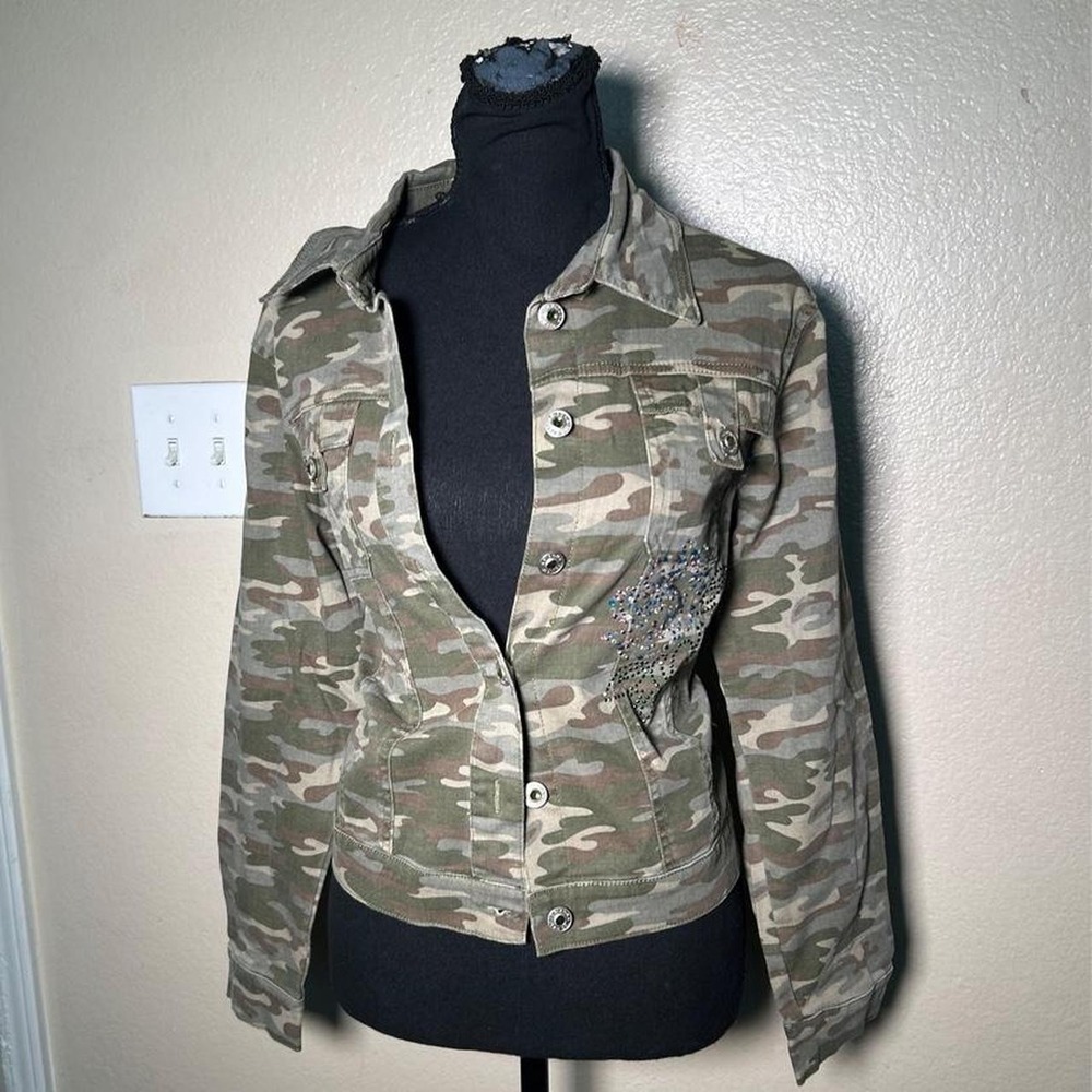 Arizona Jean Co Camo Rhinestone Y2K Bedazzled Jean Jacket Green Khaki XL